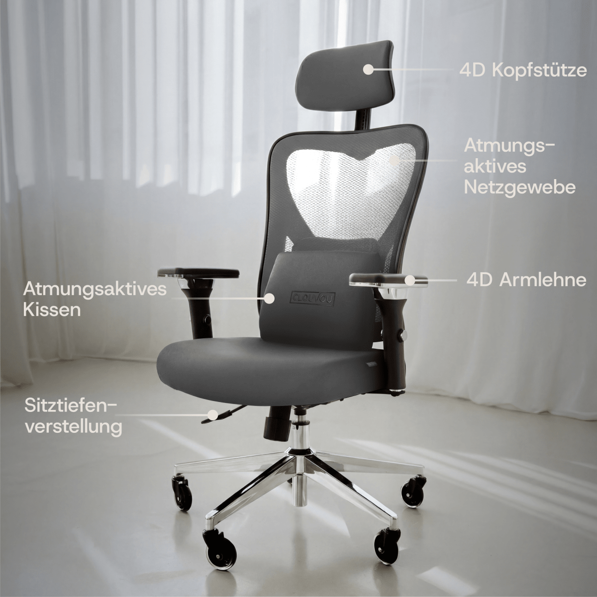 CLOUVOU CleverSeat - Ergonomischer Testsieger Bürostuhl - Clouvou Grau
