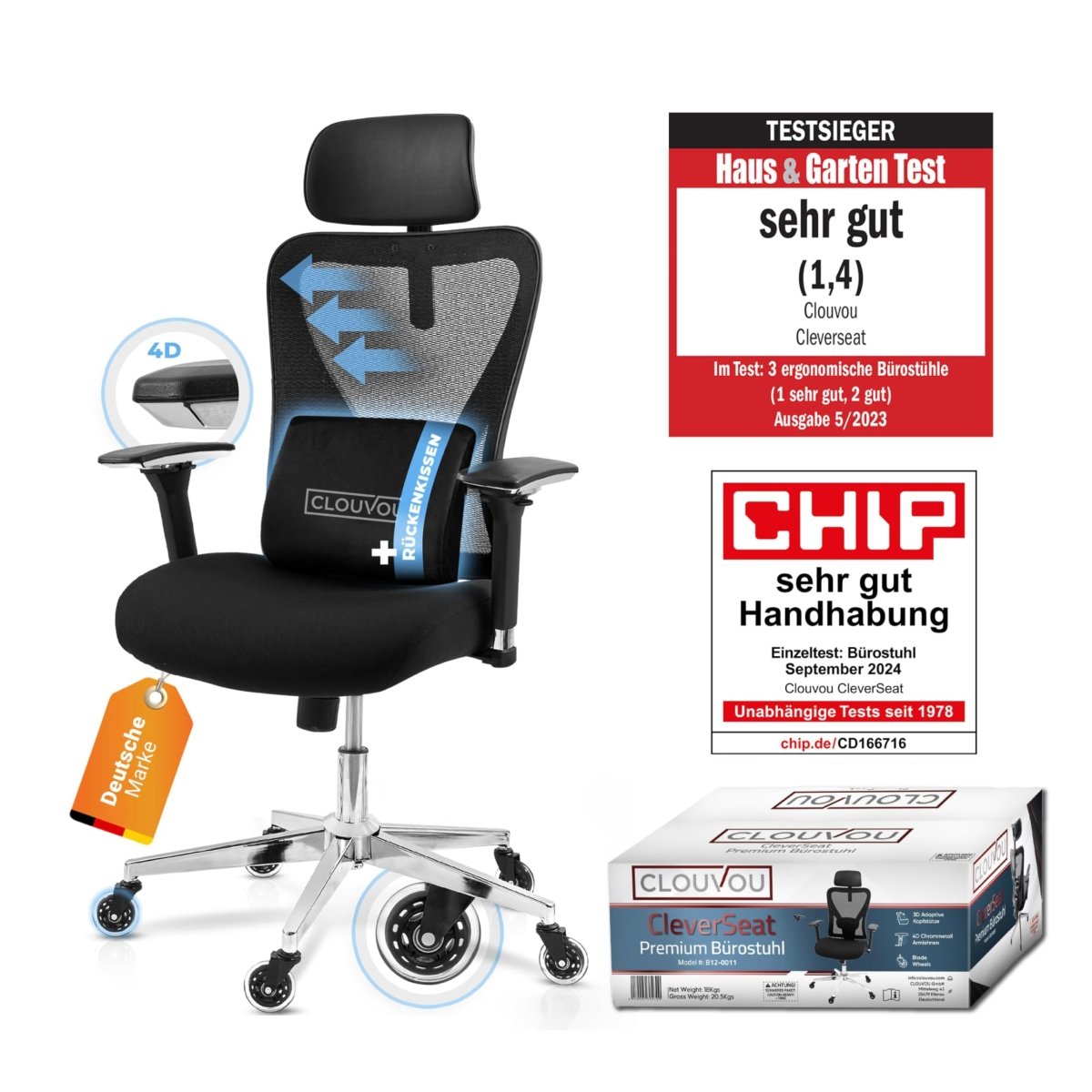 CLOUVOU CleverSeat - Ergonomischer Bürostuhl "Zeitloses Design trifft auf unschlagbare Qualität" - Clouvou #farbe_schwarz