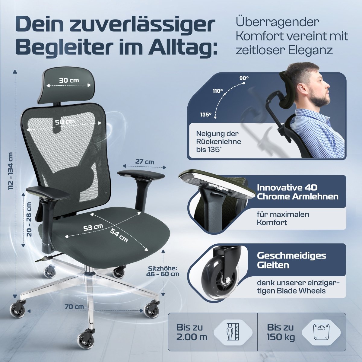 CLOUVOU CleverSeat - Ergonomischer Bürostuhl "Zeitloses Design trifft auf unschlagbare Qualität" - Clouvou #farbe_grau