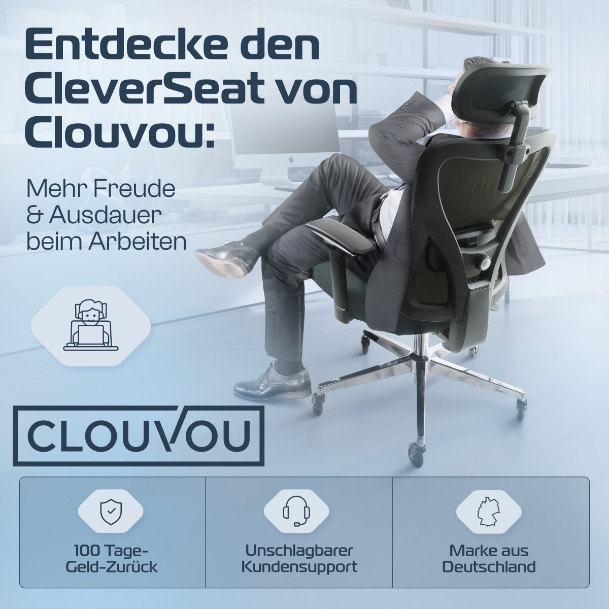 CLOUVOU CleverSeat - Ergonomischer Bürostuhl "Zeitloses Design trifft auf unschlagbare Qualität" - Clouvou #farbe_schwarz