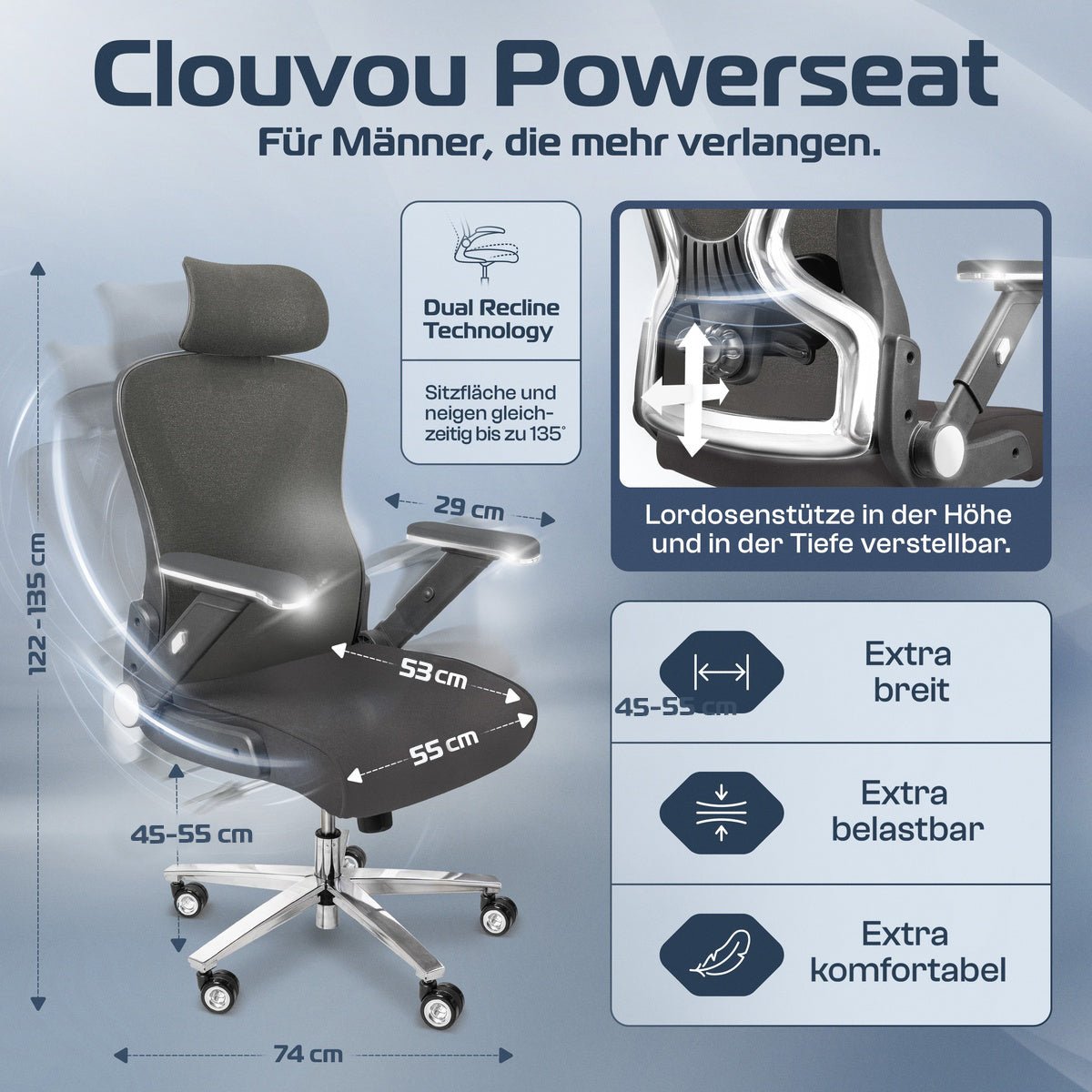 CLOUVOU PowerSeat - Ergonomischer Bürostuhl „ Extra breit gebaut und weich wie auf einer Matratze“ - Clouvou