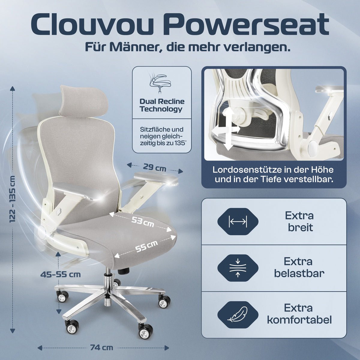 CLOUVOU PowerSeat - Ergonomischer Bürostuhl „ Extra breit gebaut und weich wie auf einer Matratze“ - Clouvou