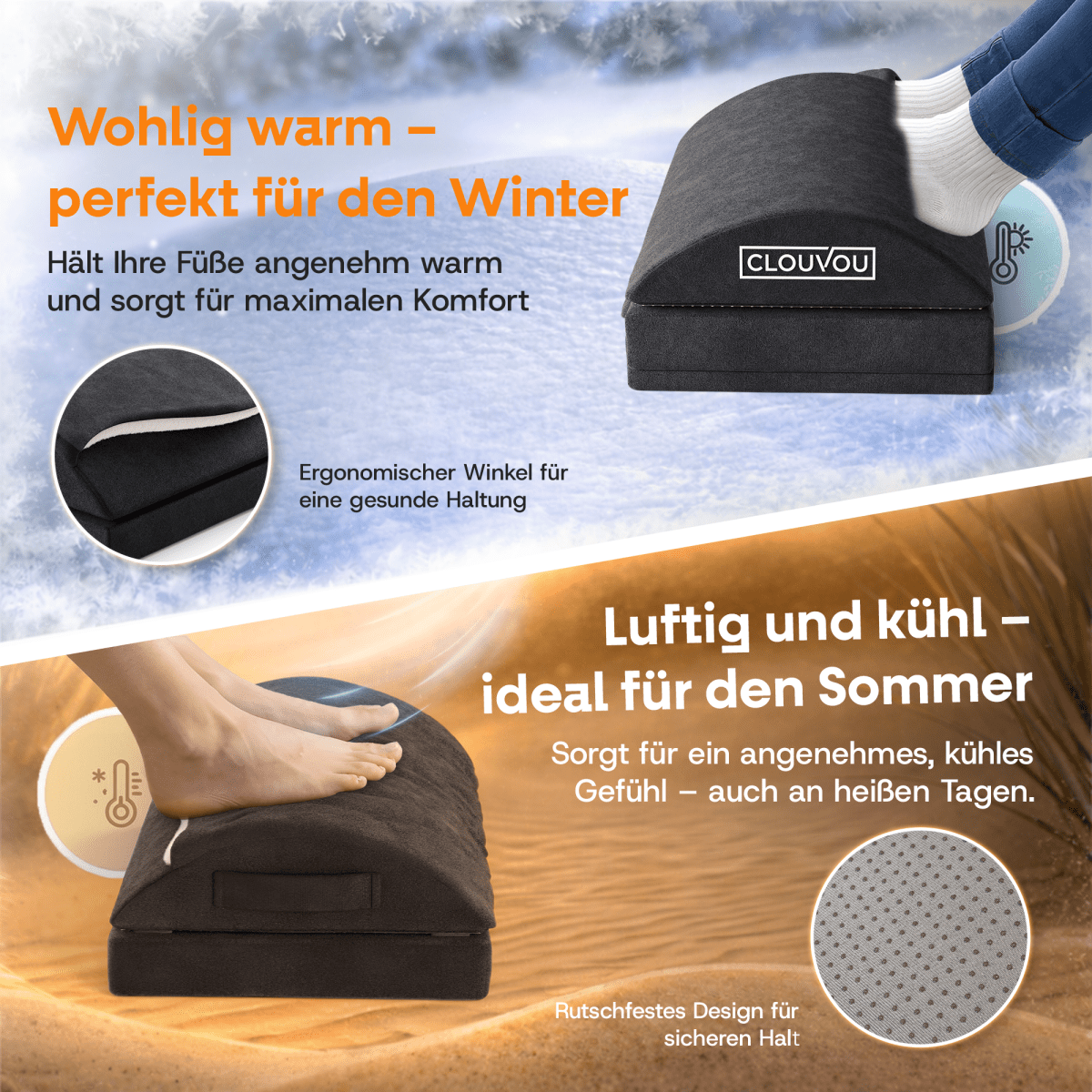 CLOUVOU CleverRest – Fußstütze mit Wärmetasche | 2 Höhenstufen - Clouvou
