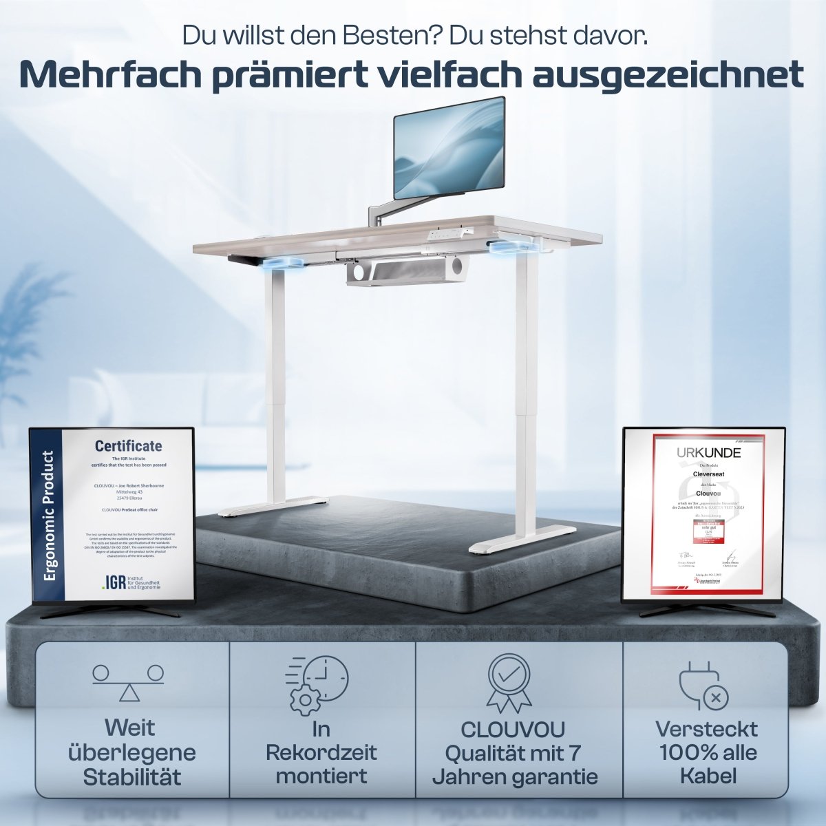 CLOUVOU ProDesk - Höhenverstellbares Schreibtischgestell (nur Gestell) - Clouvou Weiß